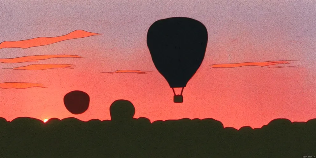 Image similar to hot air balloon, sunset, cartoon by moebius