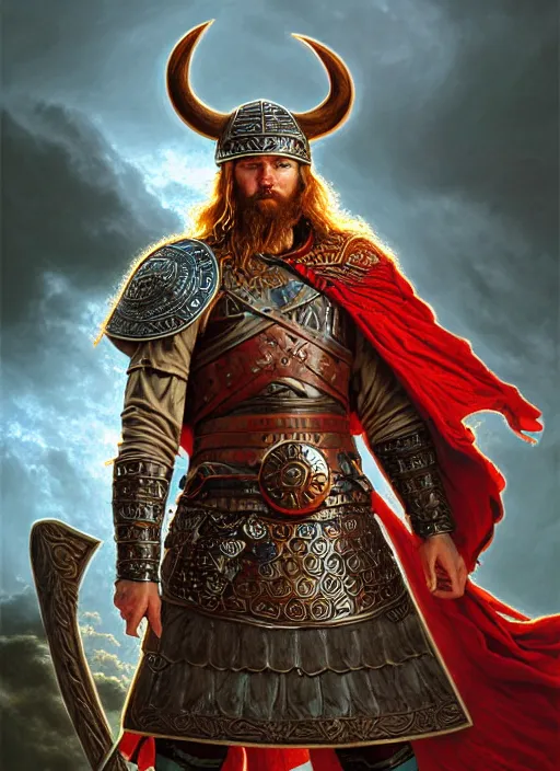 Prompt: mighty viking warrior thunder god highly detailed portrait concept art, viking folklore embroidery symbols, maxim sukharev, artgerm, donato giancola, jama jurabaev, edmund leighton, majestic, epic, volumetric lighting, photorealistic, vivid and vibrant colors