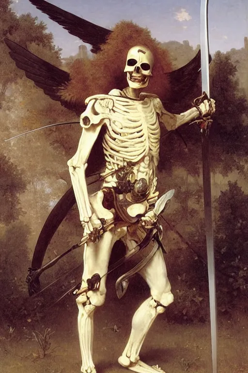 Image similar to portrait of a skeleton archer with big sword, wearing helmets and armor with wings, symmetrical, solemn, sacred, aura, by bouguereau