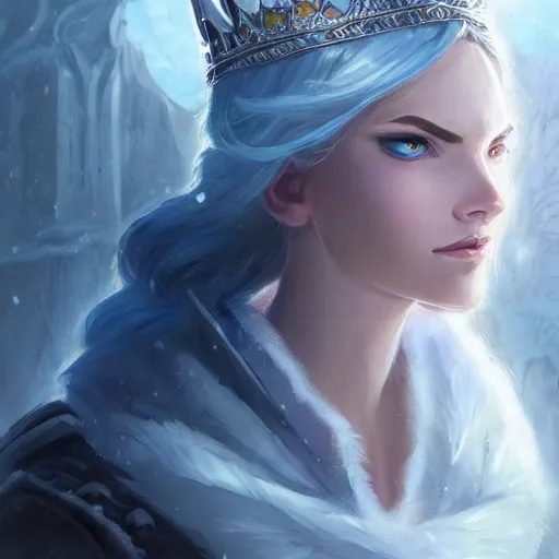 Image similar to cold portrait of a beautiful young ice queen wearing ice crown, epic fantasy style, in the style of Greg Rutkowski, hearthstone artwork