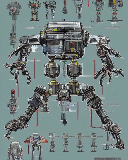 Image similar to beautiful schematic of an alien combat robot made of nuclear engine parts, mix of styles, schematic, solarpunk, illustration, intricate, highly detailed, sharp lines, studio ghibli color scheme