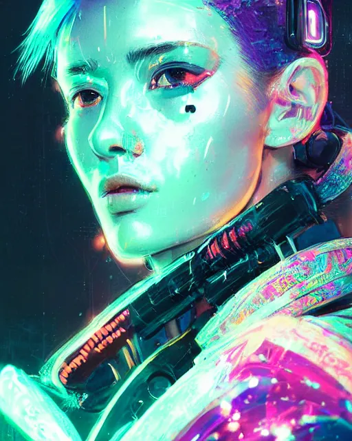 Image similar to detailed side profile portrait Neon Operator Girl, cyberpunk futuristic neon, reflective puffy coat, decorated with traditional Japanese ornaments by Ismail inceoglu dragan bibin hans thoma greg rutkowski Alexandros Pyromallis Nekro Rene Maritte Illustrated, Perfect face, fine details, realistic shaded, fine-face, pretty face