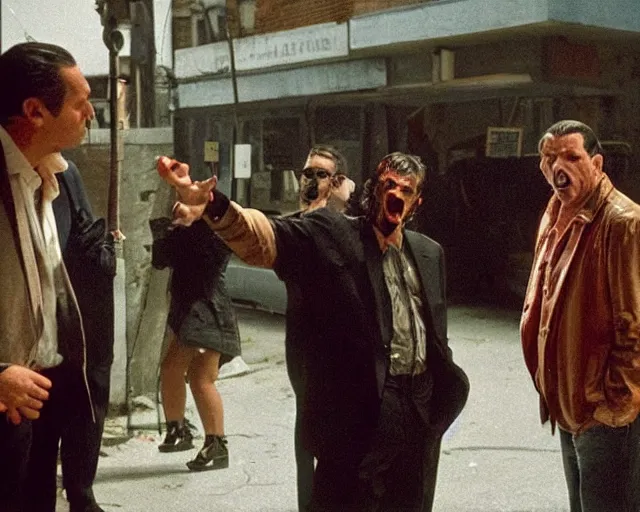 Image similar to in this scene from the modern hbo miniseries / the outfit /, a supernatural mafia crime thriller about magical monster - hunting mafiosi in 9 0 s philadelphia, we see a man become a strange monstrous ephemeral spirit of rage in front of an unimpressed mob capo. hd 8 k film photography, richard corben and cronenberg - esque.