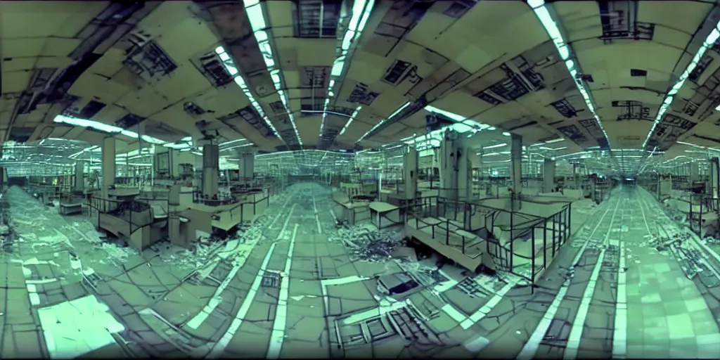 Image similar to abandoned human robot android factory in a mall, distorted 8 mm video still