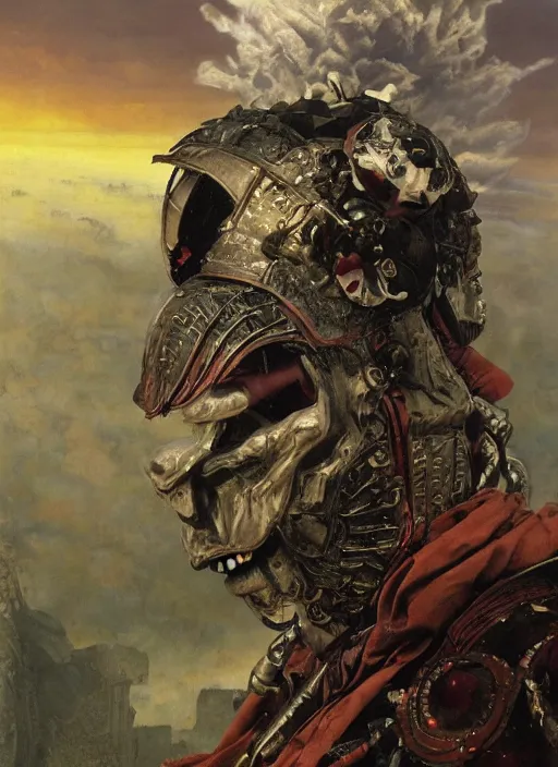 Prompt: portrait of a diabolical cyborg clown samurai, torn cape, adaptive armor, dynamic pose, heavy eyes to the side, ancient ruins, glowing veins subsurface scattering, in clouds, sunset, portrait, by gerald brom, by mikhail vrubel, by peter elson, muted colors, extreme detail, reflections, trending on artstation, 8 k