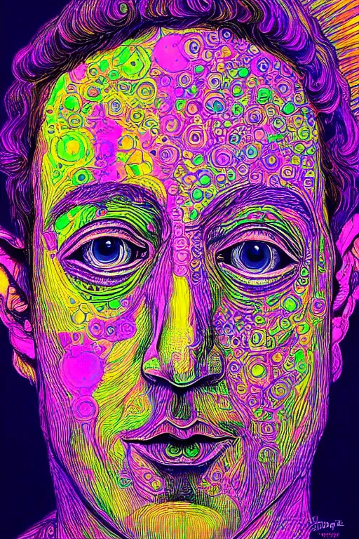 Image similar to beautifully detailed, psychedelic, mystical lsd portrait of mark zuckerberg's inner being, clockwork, technical inner being, pen, ink, copic marker