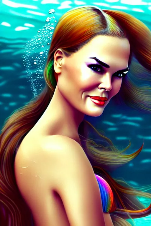 Image similar to mix of beautiful young maria shriver, mariel hemmingway, brooke shields, nicole kidman and elle macpherson as an underwater mermaid, thin lips, hair tied up in a pony tail, dark blonde hair, colorful, artstation, cgsociety