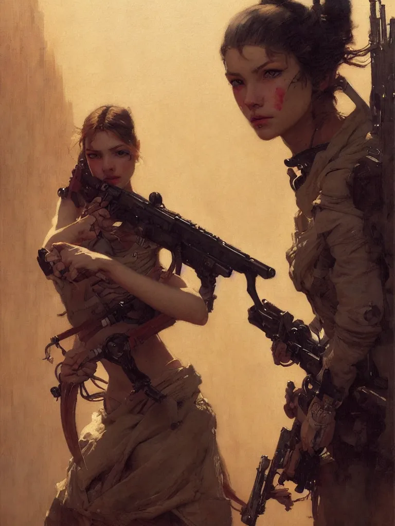 Image similar to portrait max mad cyberpunk, girl with a rifle character design, painting by gaston bussiere, katsuya terada, nc wyeth, greg rutkowski, craig mullins, vermeer, frank frazetta, tom of finland, trending on artstation, jeffery catherine jones