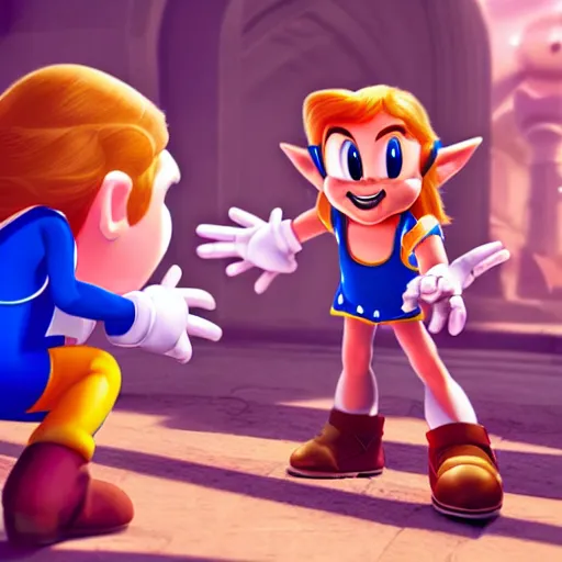 Prompt: A hyper real comic book style portait painting of Zelda the princess meeting Super Mario and Sonic, unreal 5, hyperrealistic, octane render, cosplay, RPG portrait, dynamic lighting