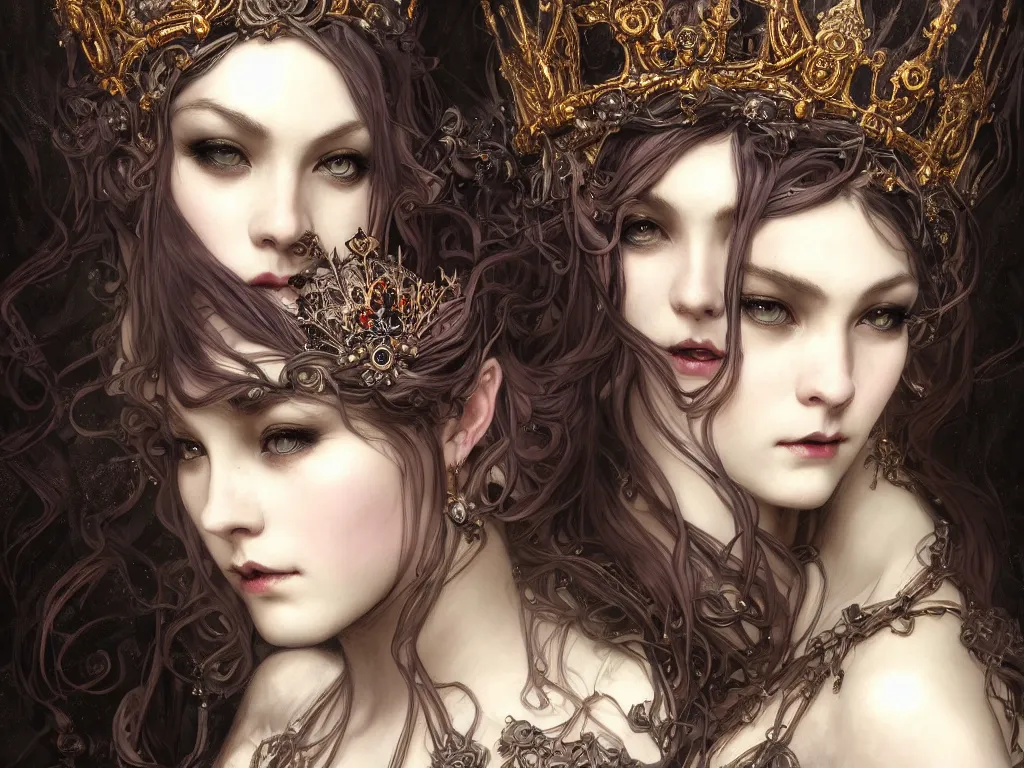 Image similar to beautiful and luxury and victorian and gothic and dieselpunk young medieval dark crown princess portrait like blackpink lisa + smoky eyes + front face with light flowing hair, ultradetail face, art and illustration by tian zi and craig mullins and wlop and alphonse mucha, fantasy, intricate complexity, human structure, human anatomy, fantasy character concept, watermark, blurry, hyperrealism 8 k