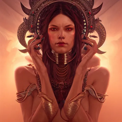 Image similar to perfectly-centered-Portrait of a sinister Goddess, intricate, highly detailed, digital painting, artstation, concept art, smooth, sharp focus, illustration, Unreal Engine 5, 8K, art by artgerm and greg rutkowski and alphonse mucha