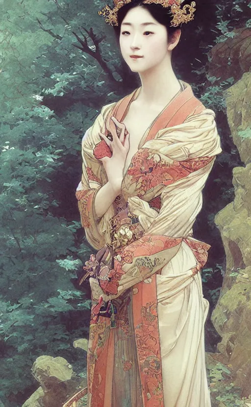 Image similar to a beautiful painting of a crowned japanese princess in a flowing gown, intricate, elegant, highly detailed, digital painting, artstation, concept art, by krenz cushart and artem demura and william adolph bouguereau and alphonse mucha