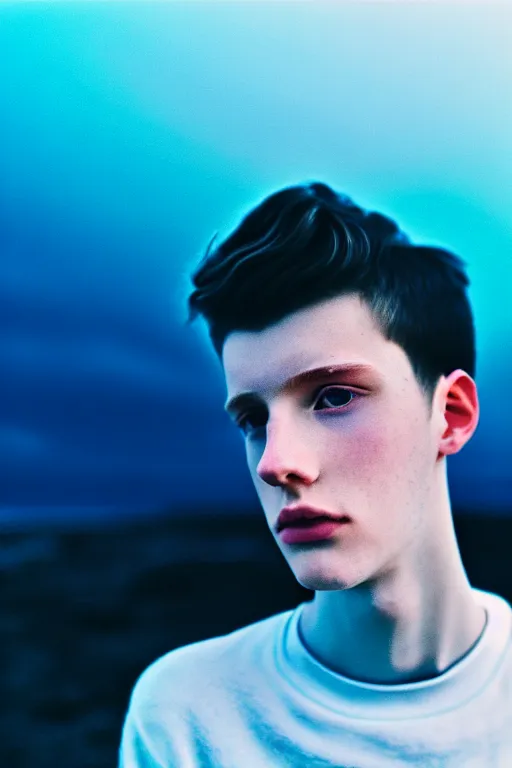 Image similar to high quality pastel coloured film mid angle selfie photograph of a beautiful young 2 0 year old male, soft features, black hair, standing in an icelandic black rock environment. atmospheric. three point light. photographic. art directed. ( pastel colours ). volumetric light. sheen. waves glitch. 8 k. filmic.