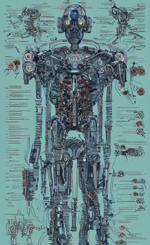 Image similar to anatomy of the terminator, robot, cyborg, t100, bloodborne diagrams, mystical, intricate ornamental tower floral flourishes, rule of thirds, technology meets fantasy, map, infographic, concept art, art station, style of wes anderson