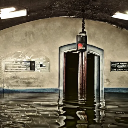 Image similar to A flooded old subway station. Muted colors, tearing wall paper.