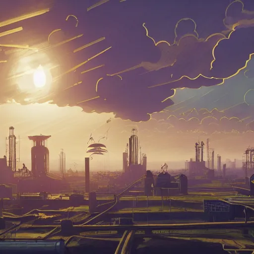 Image similar to Steampunk buildings with the sun shining through the clouds in the sea by Simon Stålenhag and Grant Wood,In style of Retro Futurism Art.hyper detailed,8K Resolution,unreal engine 5,epic lighting,Ray Tracing,highly realistic