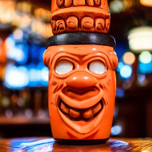 Image similar to a closeup photorealistic photograph of an orange cat garfield style tiki mug sitting at a trader vic's bar with garfield's face on the front. tiki party. bright scene. fine detail. this 4 k hd image is trending on artstation, featured on behance, well - rendered, extra crisp, features intricate detail, epic composition and the style of unreal engine.