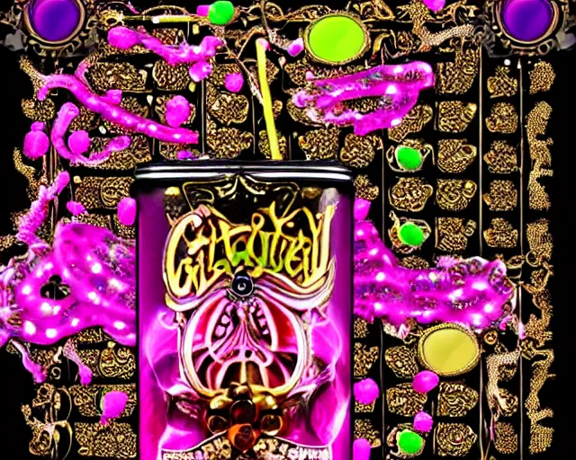 Image similar to baroque bedazzled gothic royalty frames surrounding a pixelsort energy drink made out of glowing ooze, candy worms, and mud.