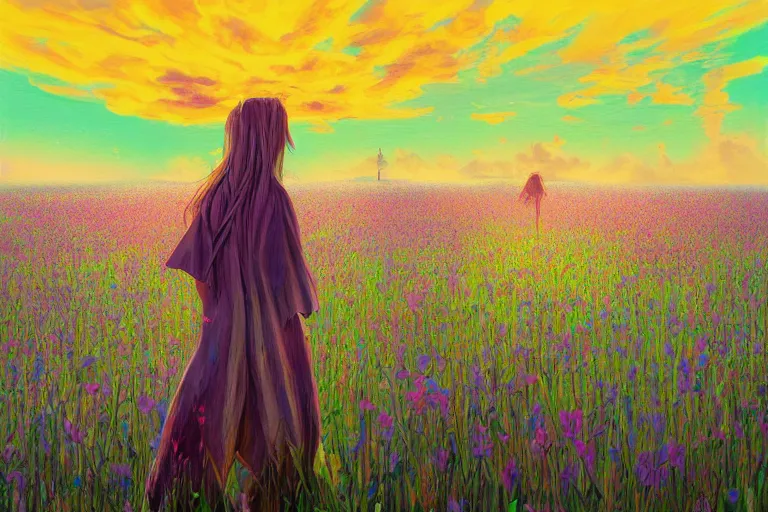 Image similar to giant gladiola head, girl walking in field of flowers, surreal photography, sunrise, blue sky, dramatic light, impressionist painting, digital painting, artstation, simon stalenhag