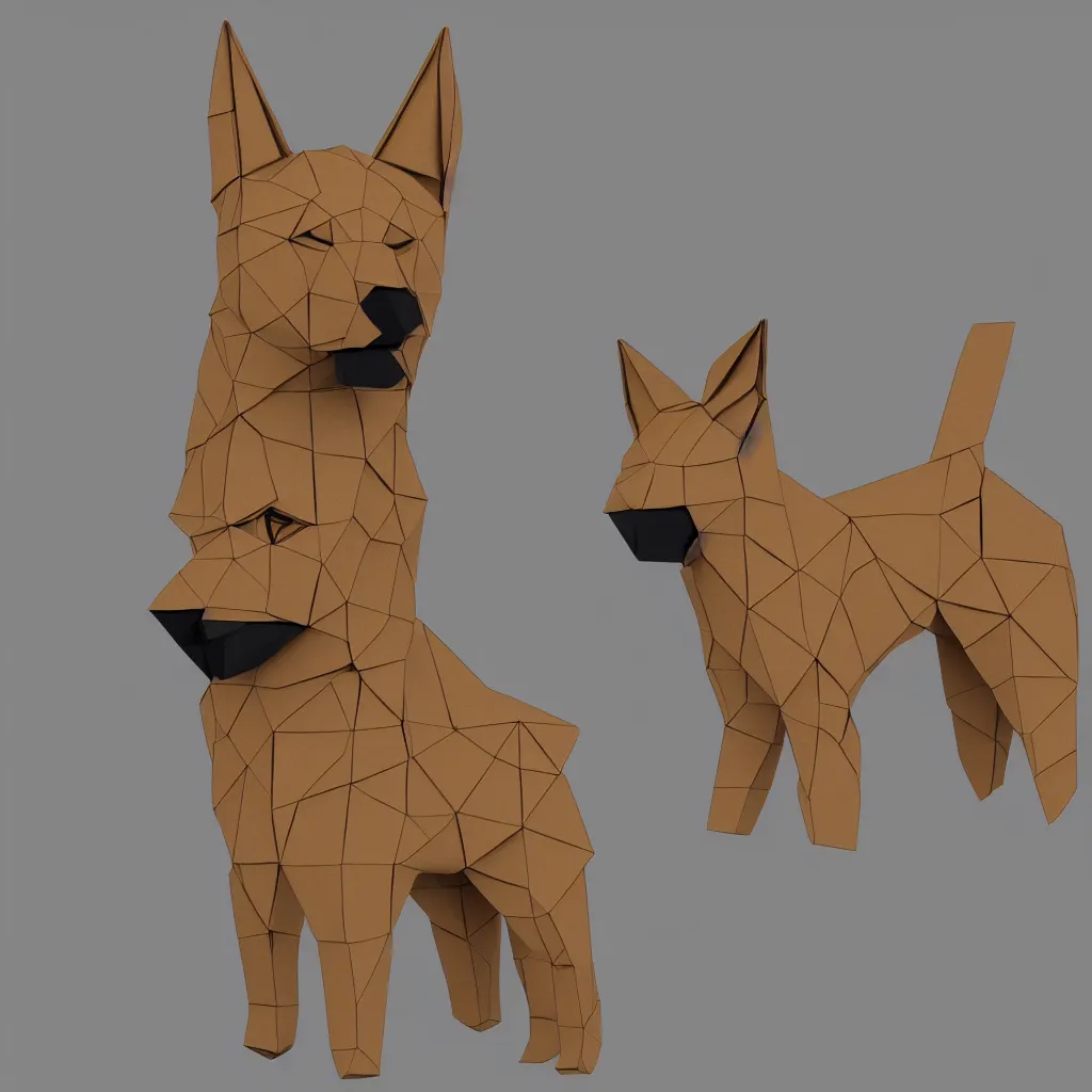 Image similar to 3 d rendering of japanese cardboard origami of simple shape of german shepherd, 2 d image, trending on artstation