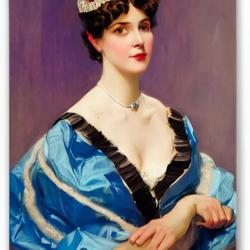 Image similar to portrait of a blue and pink queen, by j. c. leyendecker