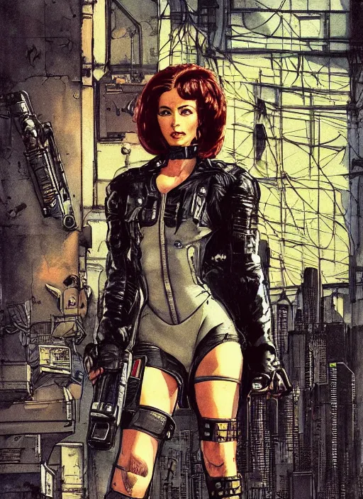 Image similar to menacing cyberpunk weight lifter in military vest and jumpsuit. dystopian. portrait by stonehouse and mœbius and will eisner and gil elvgren and pixar. realistic proportions. cyberpunk 2 0 7 7, apex, blade runner 2 0 4 9 concept art. cel shading. attractive face. thick lines.