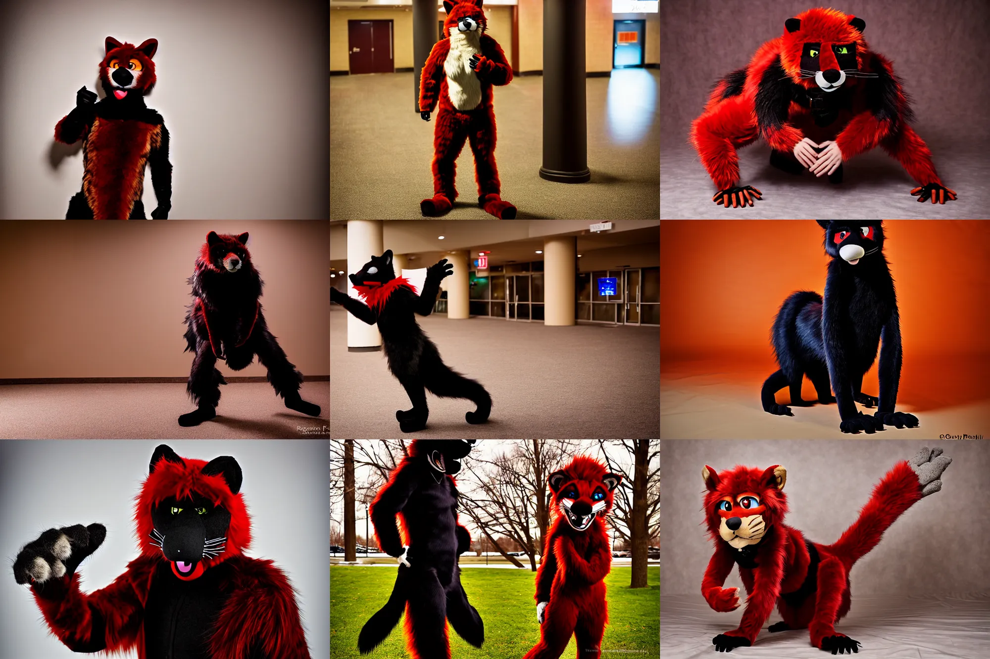 Image similar to fullbody photoshoot photo portrait of a roguish male red - black furred bipedal weasel furry fursona / fursuiter, photorealistic, taken at midwest furfest