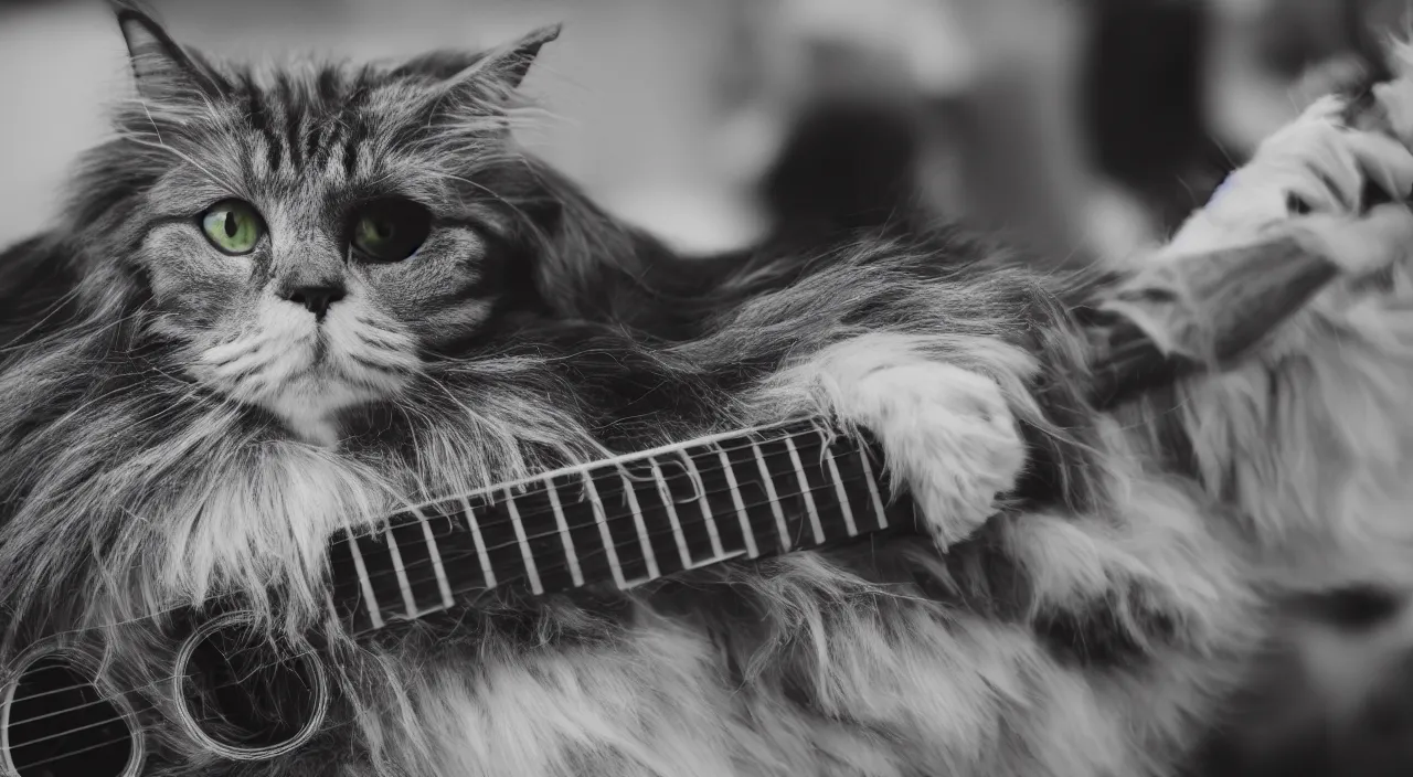 Prompt: long haired gray cat playing guitar 5 5 mm photography detailed footage