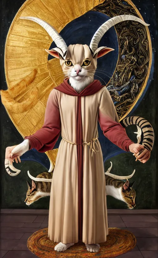 Image similar to a bipedal cat that has goat horns, anthropomorphic cat that is wearing robes, oil painting, by sandro botticelli, dnd, character reveal, cosmic, magical, fog, noble, full body portrait, intricate, ornate, extremely detailed, cult, ritual, 4 k, 8 k