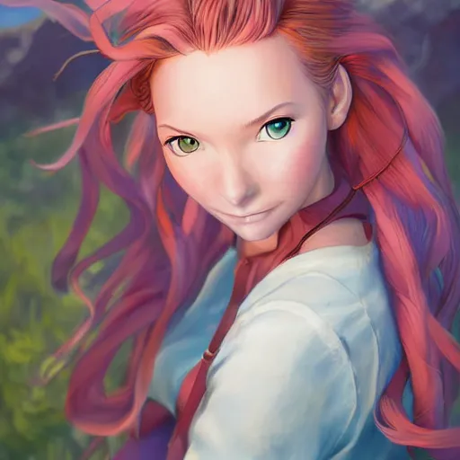 Image similar to a beautiful scenic painting of a beautiful young woman that looks like marle from chrono trigger by artgerm and wlop and wes anderson and spike jonze