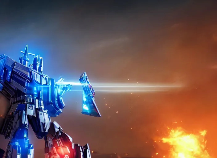 Image similar to optimus prime destroying a [ decepticon ], ultra realistic 4 k unreal engine very cinematic render with ray tracing bloom ambient occlusion strong reflections depth of field fog