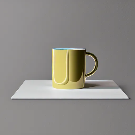 Image similar to an ultra high definition professional studio quality photograph of a transparent perspex cube shaped pastel coloured mug on a white plinth in an empty white room. dramatic lighting, ray tracing, refraction, shallow d. o. f, colour corrected, golden ratio, three point light.