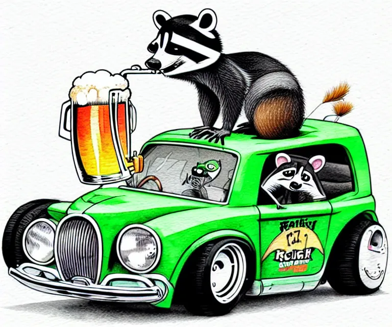 Image similar to cute and funny, racoon drinking beer wearing a helmet riding in a tiny hot rod coupe with oversized engine, ratfink style by ed roth, centered award winning watercolor pen illustration, isometric illustration by chihiro iwasaki, edited by range murata
