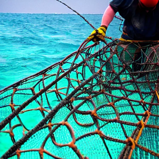 Prompt: trawl nets dragging over the seabed