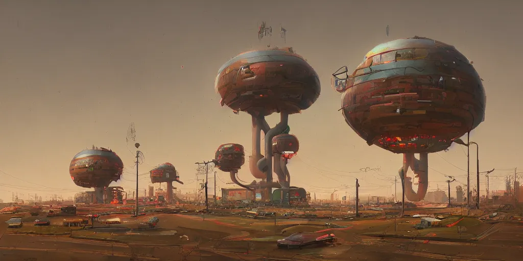 Prompt: a weird town city places with a giant weird thingsimon stalenhag, high detail, digital art, realistic, trending on artstation