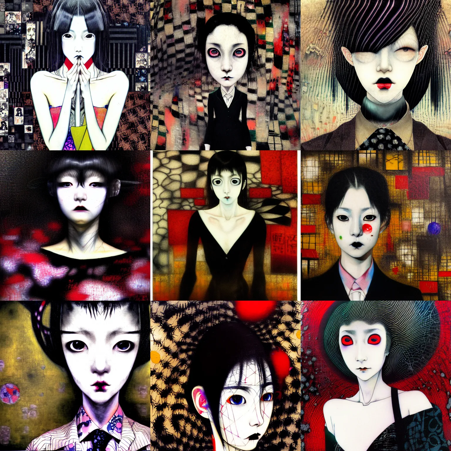 Image similar to yoshitaka amano blurred and dreamy realistic three quarter angle portrait of a young woman with black lipstick and black eyes wearing dress suit with tie, junji ito abstract patterns in the background, satoshi kon anime, noisy film grain effect, highly detailed, renaissance oil painting, weird portrait angle, blurred lost edges