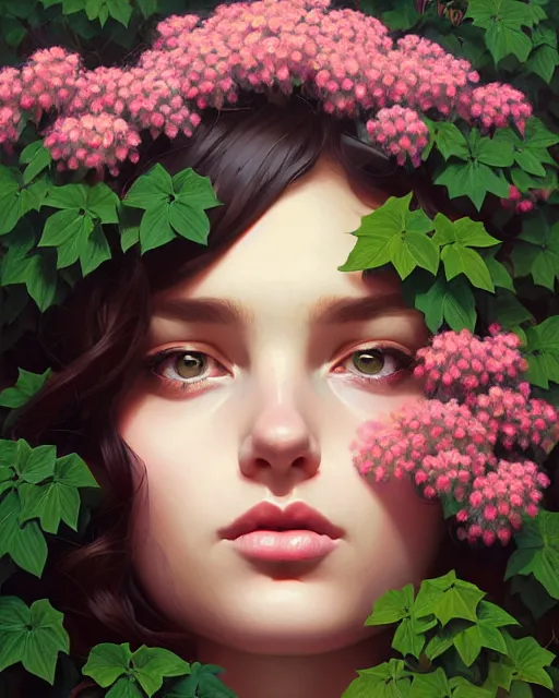 Image similar to stylized portrait of an artistic pose, composition, young lady sorrounded by nature, ivy's, flowers, one single head, realistic shaded, fine details, realistic shaded lighting poster by ilya kuvshinov, magali villeneuve, artgerm, jeremy lipkin and michael garmash and rob rey