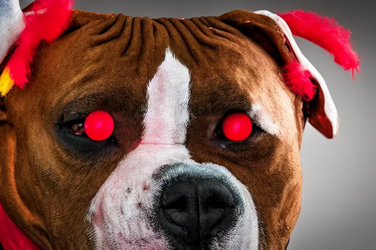 Prompt: an angry pit bull wearing clown makeup and a red rubber nose, 4 k, hdr color