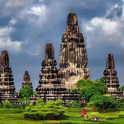 Prompt: lost galaxy regale, refined, fortress mega structure city, prambanan, flores, gujarat, luxor, vimana, hybrid, looming, small buildings, warm lighting, street view, overlooking, epic, lush plants flowers, rainforest mountains, bright clouds, luminous sky, outer worlds