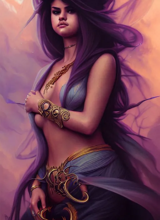 Prompt: fineart portrait illustration of selena gomez as a sorceress by peter mohrbacher, hyper detailed, crisp