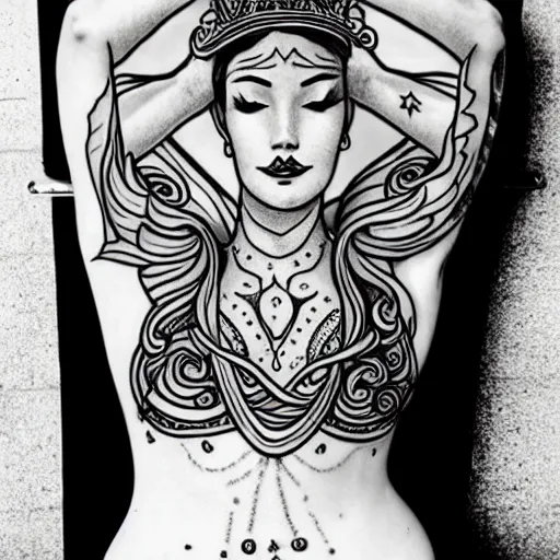 Image similar to a peaceful meditative mermaid with a banner across her chest wearing a crown, full body, symmetrical, highly detailed black and white new school pinup tattoo design