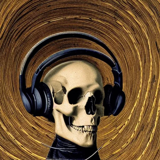 Image similar to a painting by Thomas Cole of a skull wearing headphones connected with many wires and coords to an old computer terminal, highly detailed