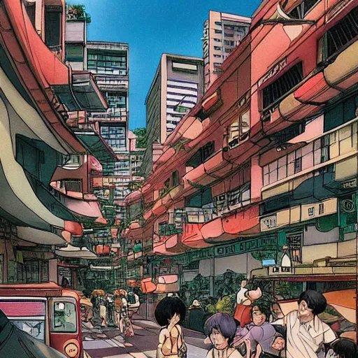 Image similar to a street in singapore, by satoshi kon