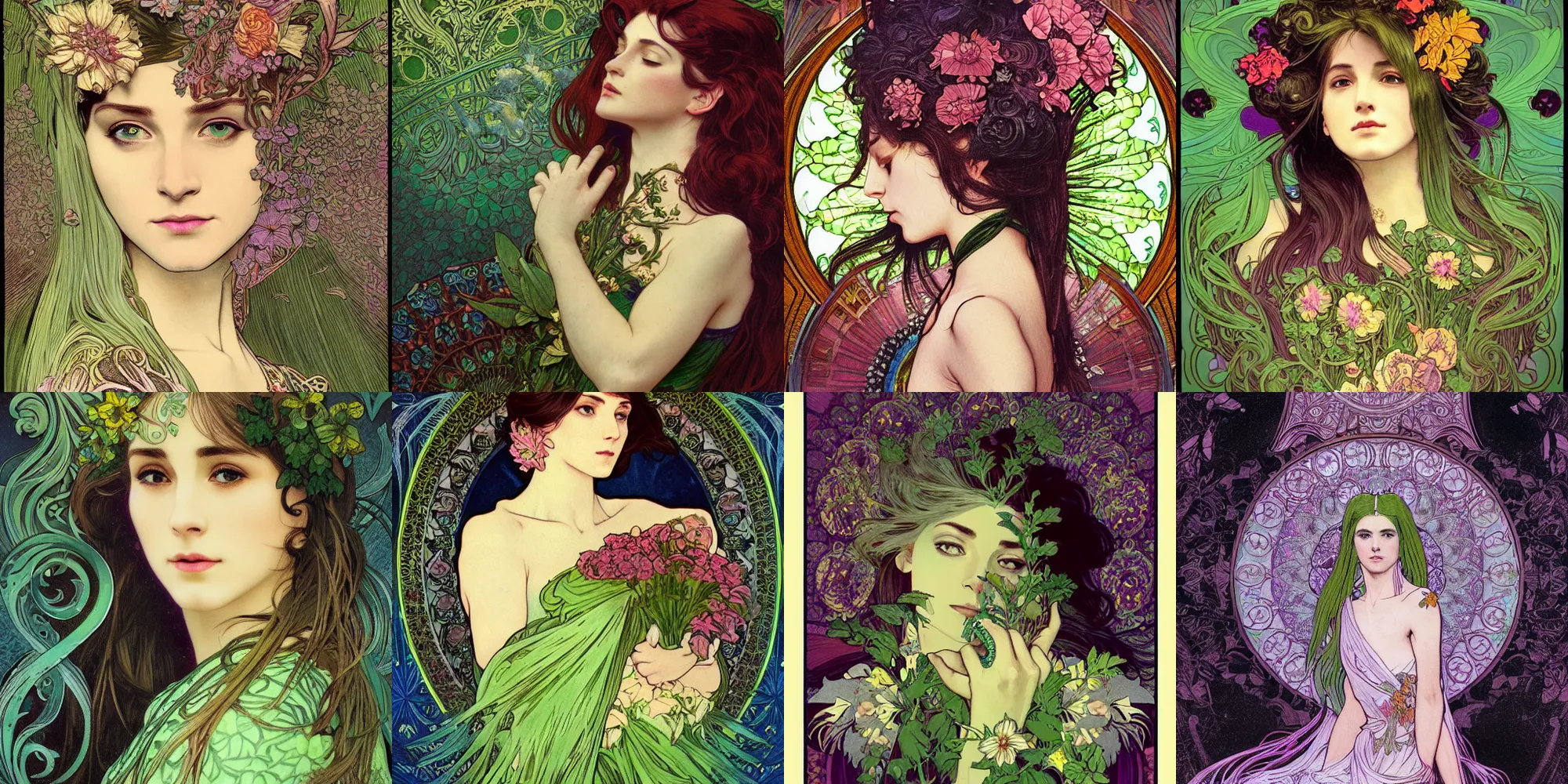 Prompt: woman, magical, flower, bright castleton green, detailed intricate ink illustration, dark atmosphere, detailed illustration, hd, 4k, digital art, overdetailed art, concept art, complementing colors, trending on artstation, Cgstudio, the most beautiful image ever created, dramatic, subtle details, illustration painting by alphonse mucha and frank frazetta daarken, vibrant colors, 8K, style by Wes Anderson