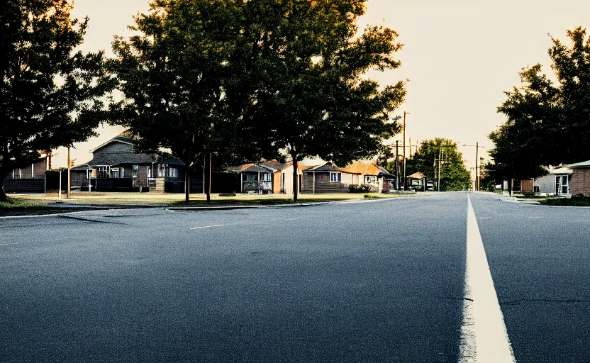 Prompt: Grainy photograph of a liminal middle class American suburb, clean, empty street, broad daylight, hd, 4k, film grain, flat lighting