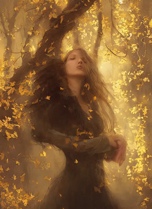 Image similar to golden leaves at frame border, creative!!! composition for a book cover, moon, beautiful portrait painting by jeremy mann, a female witch beautiful, ultrafine hyperrealistic detailed face by wlop and artgerm and greg rutkowski, intricate linework, sharp focus, smooth, octopath traveler, final fantasy, unreal engine, dramatic lighting, ethereal, 8 k