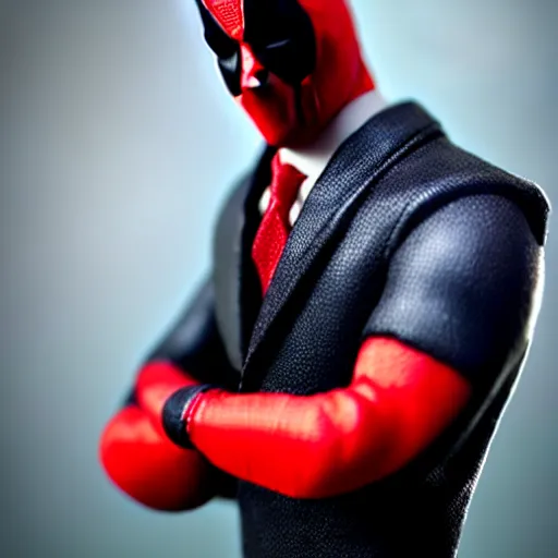 Prompt: realistic plastic figure of deadpool, wearing shirt and red tie, suit jacket, only head and chest, intricate, desaturated, trending on artstation, cinematic composition, dramatic pose, volumetric lighting, sharp, details, hyper - detailed, hd, 4 k, 8 k