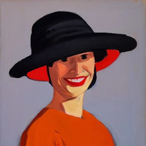 Image similar to woman with hat, by Alex Katz, colorful, smiling, oil on canvas