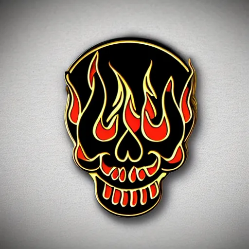Prompt: a retro vintage minimalistic smiling skull with fire flame enamel pin, hd, concept art