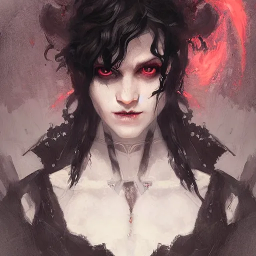 Image similar to a spooky female shadowy elf in dark robes, short curly black hair bangs, dnd character art portrait, by ruan jia